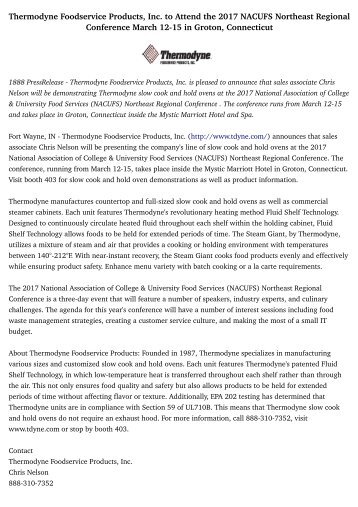 Thermodyne Foodservice Products Inc To Attend The Mid America Thermodyne Foodservice Products Inc To Attend The 2017 Nacufs Northeast Regional Conference March 12