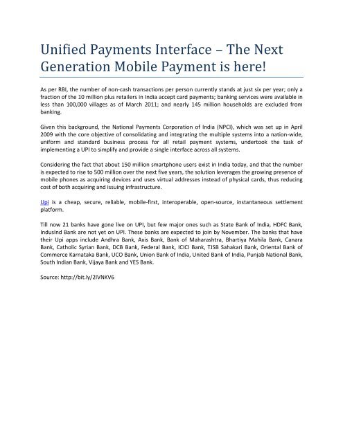Unified Payments Interface – The Next Generation Mobile Payment is here!