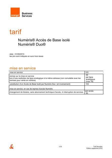 Les tarifs de Numéris (PDF, 303 ko) - Orange-business.com