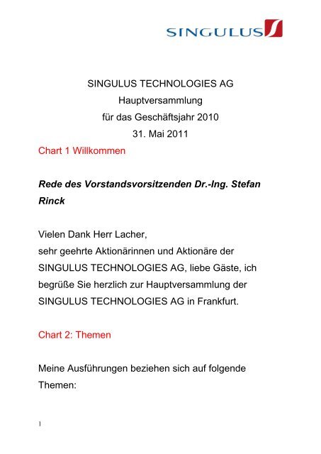 Rede des Vorstandsvorsitzenden Dr.-Ing. Stefan Rinck - Singulus ...