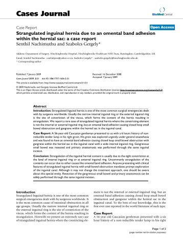 Strangulated inguinal hernia due to an omental band adhesion ...