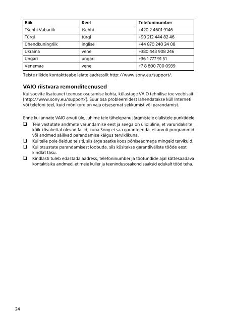 Sony SVF14A1S9R - SVF14A1S9R Documents de garantie Letton