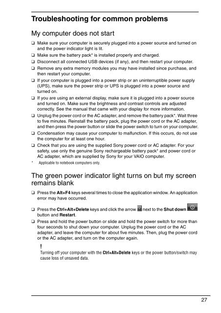 Sony VGN-FW5JTF - VGN-FW5JTF Guide de d&eacute;pannage Anglais