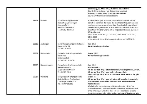 Eine Übersicht über bestehende Glaubenskurse (Stand: 15.10.2012)