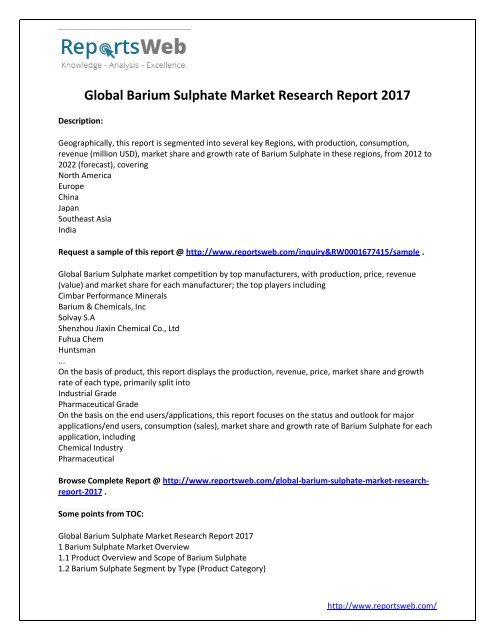 2017 Global Barium Sulphate Market Trends up to 2022: ReportsWeb