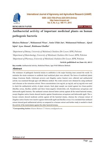 Antibacterial activity of important medicinal plants on human pathogenic bacteria