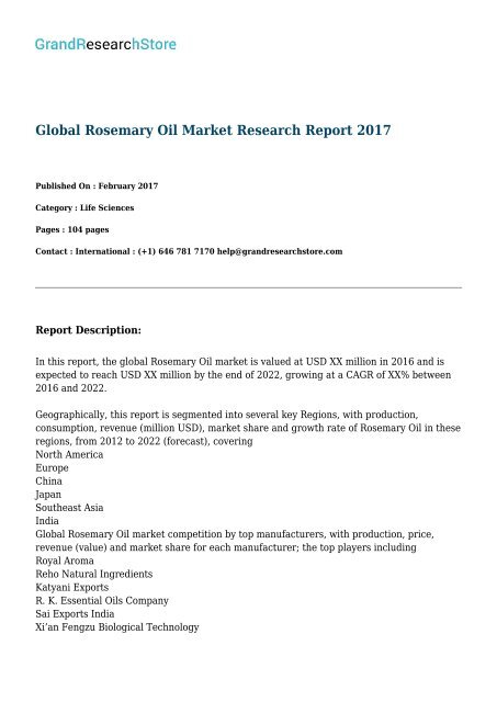 Global Rosemary Oil Market Research Report 2017