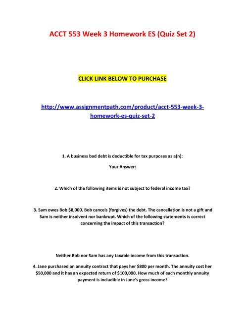 ACCT 553 Week 3 Homework ES (Quiz Set 2)
