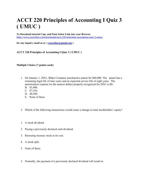 ACCT 220 Principles of Accounting I Quiz 3 ( UMUC )