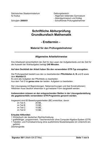 Schriftliche Abiturprüfung Grundkursfach Mathematik - Ersttermin -