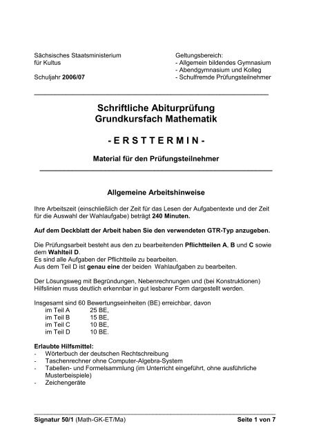 Schriftliche Abiturprüfung Grundkursfach Mathematik ...