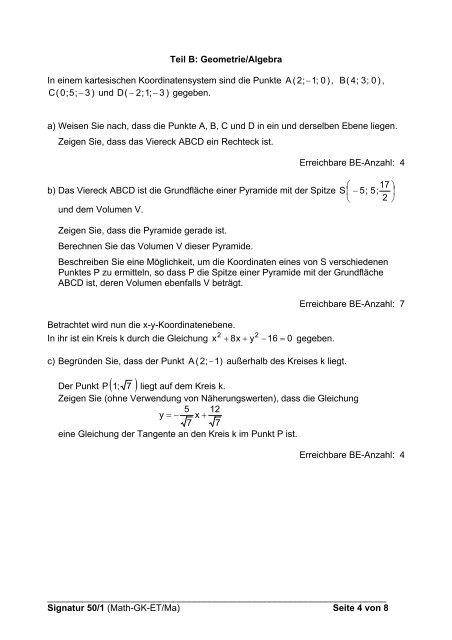 Schriftliche Abiturprüfung Grundkursfach Mathematik - ERSTTERMIN