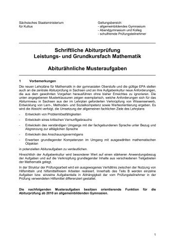 und Grundkursfach Mathematik Abiturähnliche Musteraufgaben