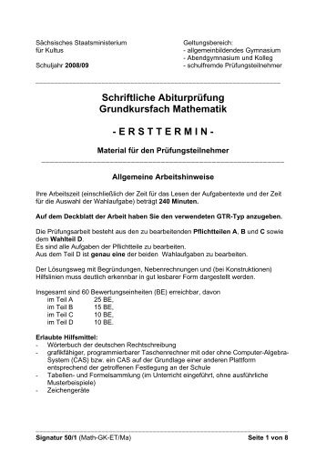 Schriftliche Abiturprüfung Grundkursfach Mathematik - ERSTTERMIN