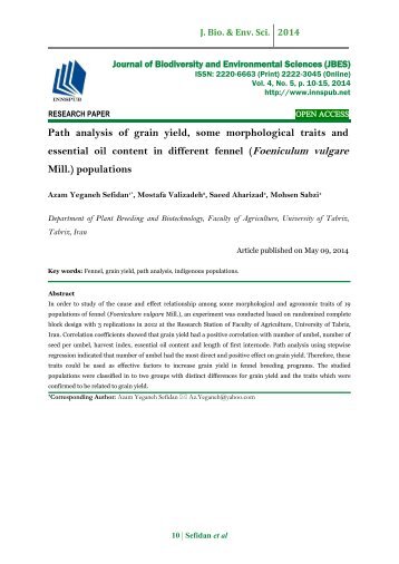 Path analysis of grain yield, some morphological traits and essential oil content in different fennel (Foeniculum vulgare Mill.) populations