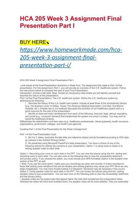 HCA 205 Week 3 Assignment Final Presentation Part I