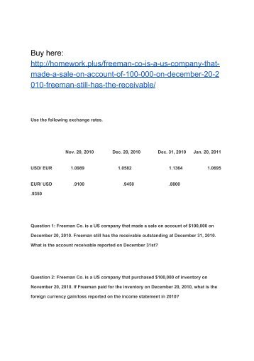 Freeman Co. is a US company that made a sale on account of $100,000 on December 20, 2010. Freeman still has the receivable