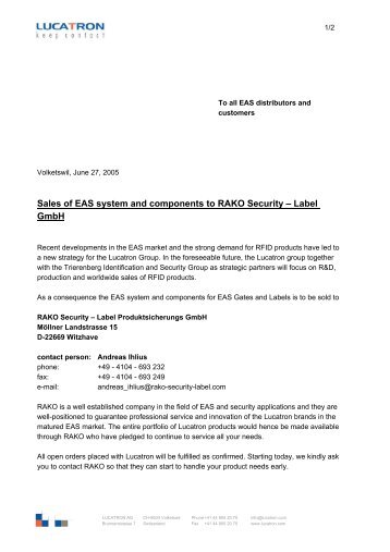 Sales of EAS system and components to RAKO Security – Label ...