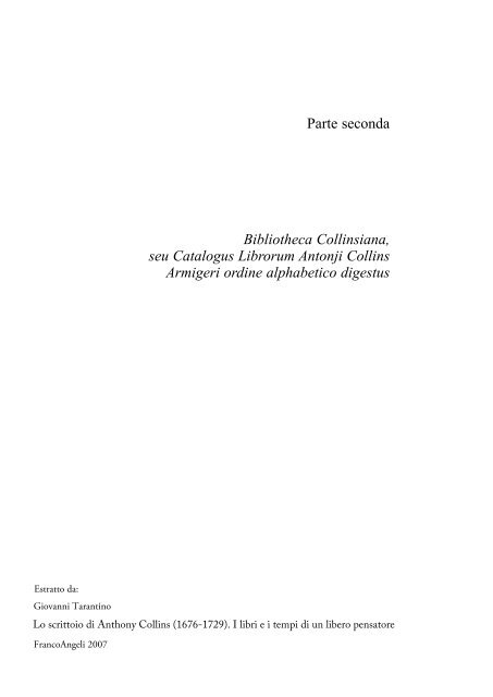 Bibliotheca Collinsiana, seu Catalogus Librorum Antonji Collins ...