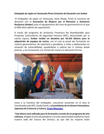 Erwin Miyasaka: Embajada de Japón en Venezuela firma Convenio de Donación con Ambar