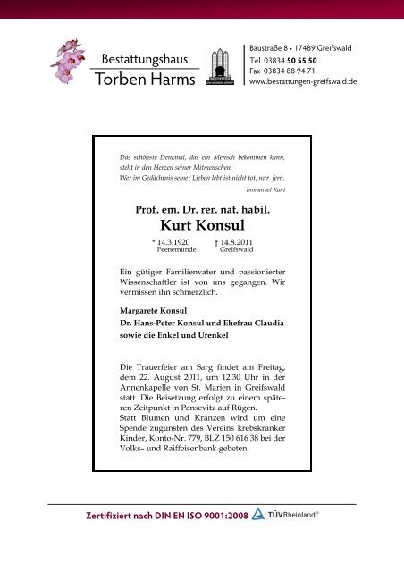Prof. em. Dr. phil. habil. Karl Henry Born - Bestattungshaus Harms