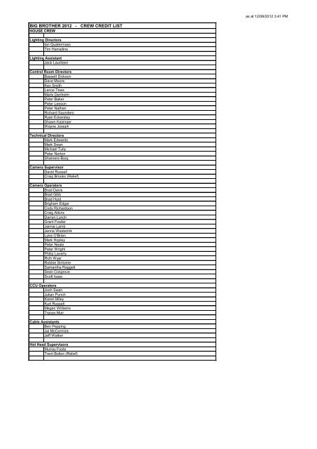 Full Crew List - Big Brother