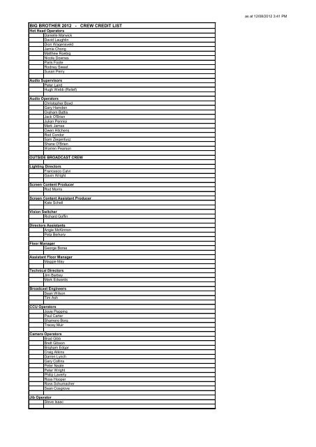 Full Crew List - Big Brother