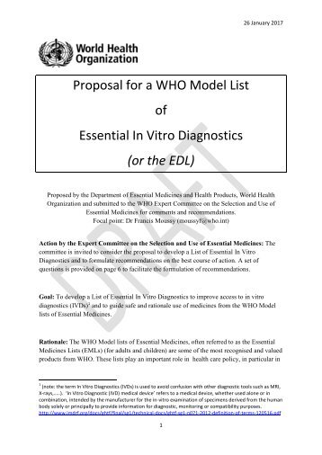 Proposal for a WHO Model List of Essential In Vitro Diagnostics (or the EDL)