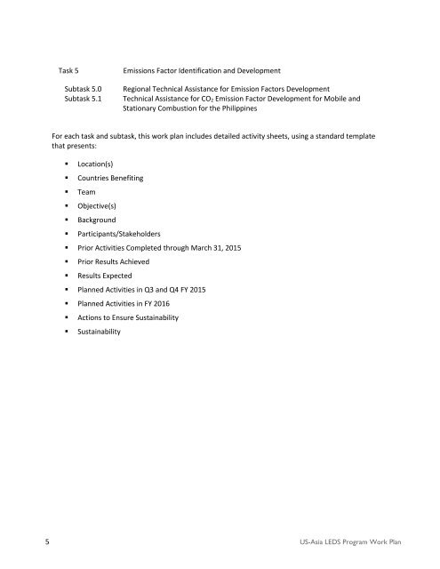 ASIA LOW EMISSION DEVELOPMENT STRATEGIES (LEDS) WORK PLAN