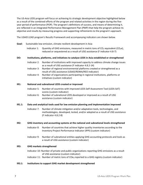 ASIA LOW EMISSION DEVELOPMENT STRATEGIES (LEDS) WORK PLAN