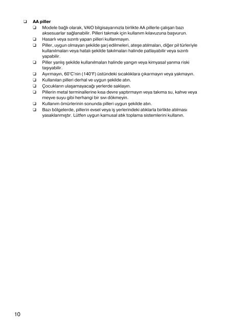 Sony VPCEJ2B1E - VPCEJ2B1E Documents de garantie Turc