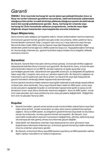 Sony VPCEJ2B1E - VPCEJ2B1E Documents de garantie Turc