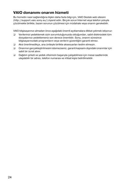 Sony VPCEJ2B1E - VPCEJ2B1E Documents de garantie Turc