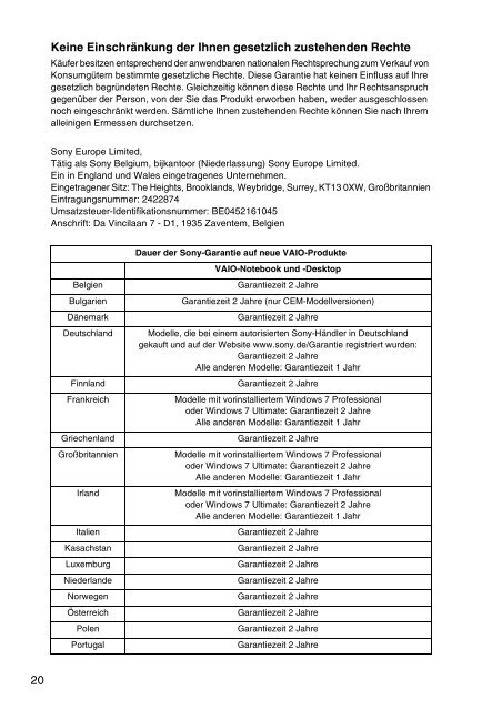 Sony VPCEJ2B1E - VPCEJ2B1E Documents de garantie Allemand