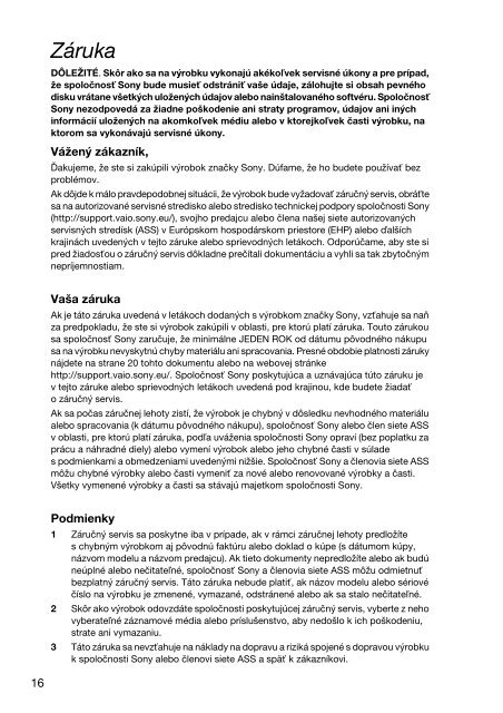 Sony VPCEJ2B1E - VPCEJ2B1E Documents de garantie Slovaque