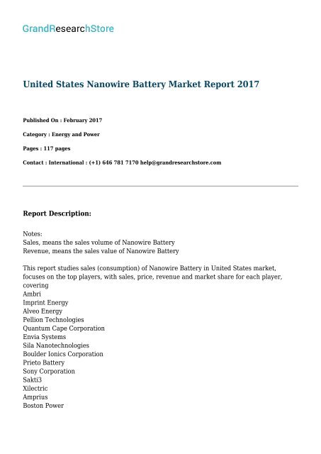 United States Nanowire Battery Market Report 2017