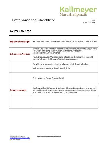 Checkliste Anamnese - Naturheilpraxis Kallmeyer