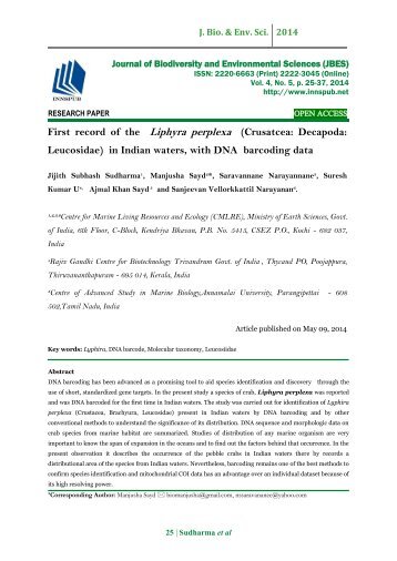 First record of the Liphyra perplexa (Crusatcea: Decapoda: Leucosidae) in Indian waters, with DNA barcoding data