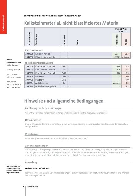 Preisliste 2012 - Holcim Süddeutschland