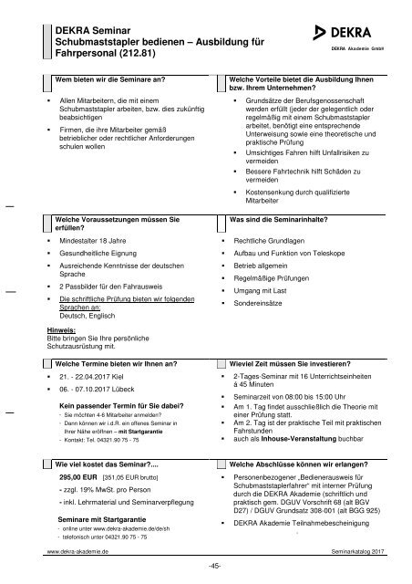 DEKRA Seminarkatalog 2017 - Schleswig-Holstein