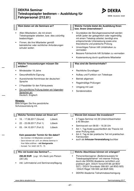 DEKRA Seminarkatalog 2017 - Schleswig-Holstein