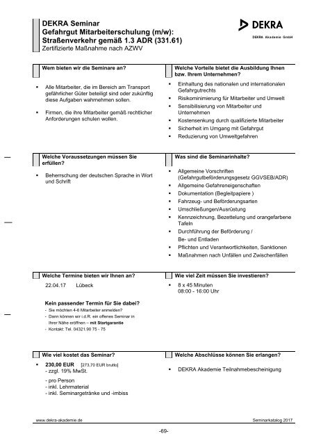 DEKRA Seminarkatalog 2017 - Schleswig-Holstein