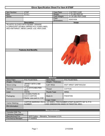 Glove Specification Sheet For Item # 6700F