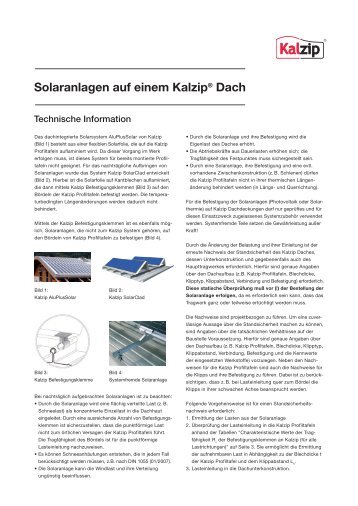 Solaranlagen auf einem Kalzip® Dach Technische Information