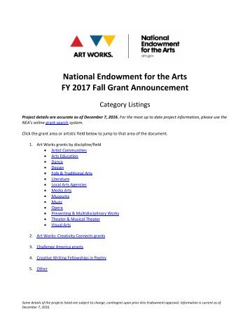 National Endowment for the Arts FY 2017 Fall Grant Announcement