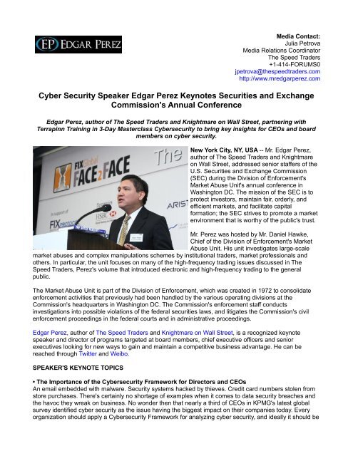 Cyber Security Speaker Edgar Perez Keynotes Securities and Exchange Commission's Annual Conference
