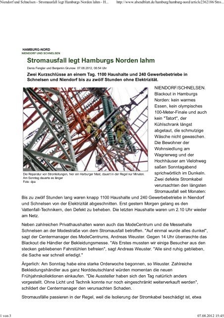 Niendorf und Schnelsen - Stromausfall legt Hamburgs ... - Unser Netz