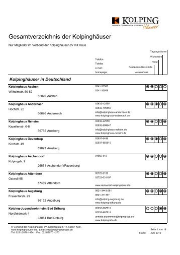 Gesamtverzeichnis - Kolpinghäuser - Verband der Kolpinghäuser eV