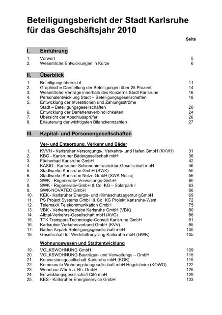 Beteiligungsbericht der Stadt Karlsruhe für das Geschäftsjahr 2010