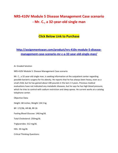 NRS-410V Module 5 Disease Management Case scenario - Mr. C., a 32-year-old single man